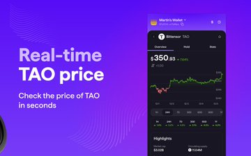 A purple promotional graphic reading 'Real-time TAO price - Check the price of TAO in seconds' alongside a phone displaying a Bitensor TAO chart at $350.