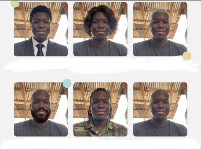 A collage of six portrait photos showing the same man with different hairstyles, outfits, and accessories, arranged in a grid.