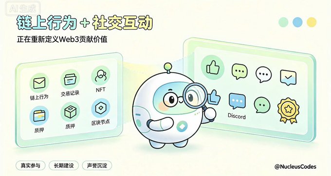 The image is a promotional graphic from NucleusCodes (@NucleusCodes) highlighting how "链上行为 + 社交互动" (on-chain behavior + social interaction) is redefining Web3 contribution value, featuring a mascot character with icons representing activities like 链上行为 (on-chain behavior), 交易记录 (transaction records), NFT, 质押 (staking), 区块节点 (block nodes), and Discord engagement—directly illustrating the post's point about evaluating users more holistically beyond just one-dimensional metrics.