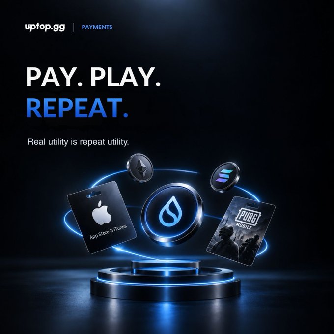 The image shows a promotional graphic for uptop.gg's Payments service, featuring a glowing circular platform displaying Apple App Store & iTunes, Ethereum, Solana, and PUBG Mobile gift cards against a dark background. The bold headline reads "PAY. PLAY. REPEAT." with the tagline "Real utility is repeat utility," visually reinforcing the post's message about crypto payments being a recurring habit for digital purchases.