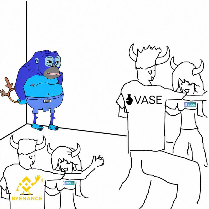 Meme image depicting a blue gorilla labeled 'BAILS' being taunted by horned figures wearing shirts labeled 'VASE', 'SOUL', and 'BYENANCE', suggesting a crypto comparison.