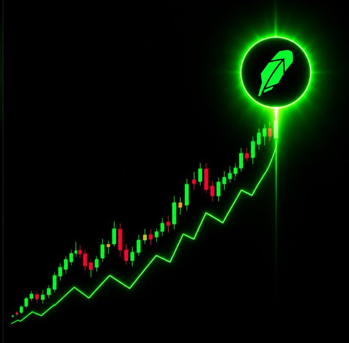 A green candlestick price chart showing an upward trend, topped with a Rocket emoji icon.