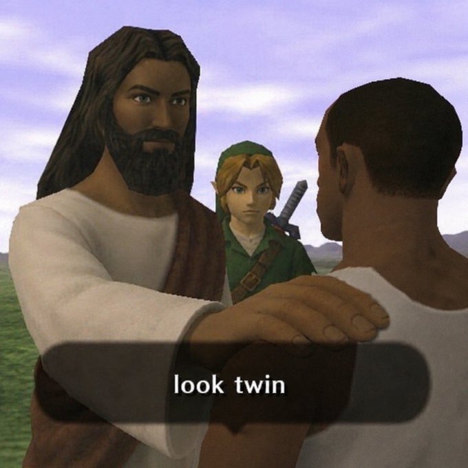 A screenshot from a classic video game shows a bearded, long-haired figure in a white robe placing his hand on another man's shoulder while a young elf-like character in green watches from behind. The text overlay reads "look twin," playing on the visual similarity between the two men and humorously paired with a post claiming "This will save Solana."