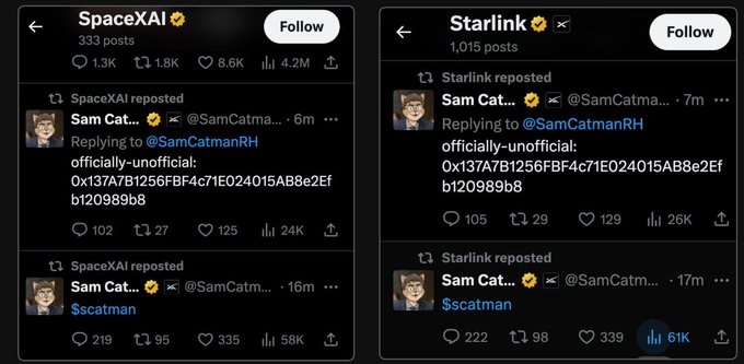 Two Twitter/X posts are shown side by side from 'SpaceXAI' and 'Starlink' accounts, both reposting from 'Sam Cat... @SamCatma...' with text reading 'officially-unofficial' and a token address '0x137A7B1256FBF4c71E024015AB8e2Efb120989b8', plus a 'Join Now' link.