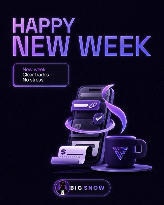 A promotional graphic with purple neon text 'HAPPY NEW WEEK' on a dark background, including a 3D-rendered phone with checkmarks and links, a coffee mug, a dollar receipt, and branding reading 'BIG SNOW'.