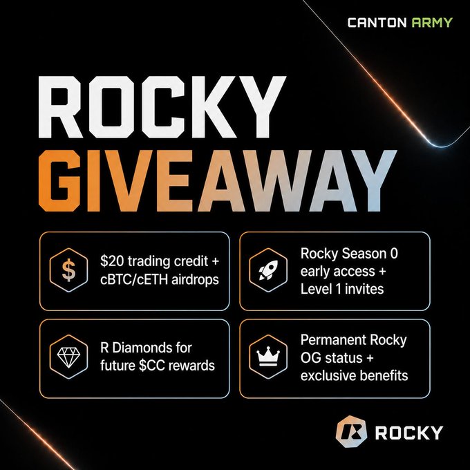 A Canton Army promotional graphic announces a "Rocky Giveaway" featuring four rewards: $20 trading credit plus cBTC/cETH airdrops, Rocky Season 0 early access with Level 1 invites, R Diamonds for future $CC rewards, and permanent Rocky OG status with exclusive benefits. The image visually corresponds to the post detailing Rocky's first community campaign and its 10 Rocky OG Spots Giveaway, highlighting the tiered perks for early supporters.