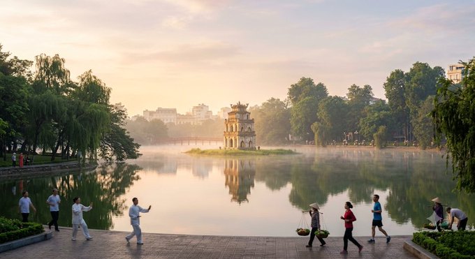 A serene misty sunrise over Hoan Kiem Lake in Hanoi, Vietnam, featuring the iconic Turtle Tower (Tháp Rùa) on its small island, with people practicing tai chi and carrying baskets along the lakeside promenade.