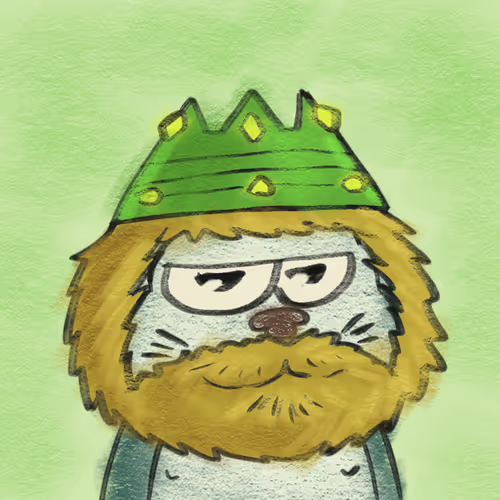 Drawing of a cartoon lion wearing a green crown on a light green background.
