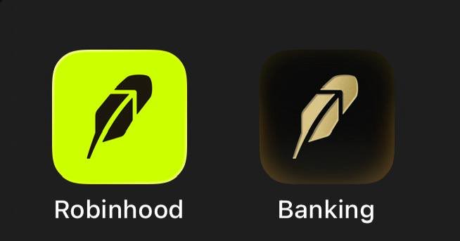 Two app icons displayed side by side: a bright green 'Robinhood' icon and a gold 'Banking' icon, both featuring a feather/quill design.