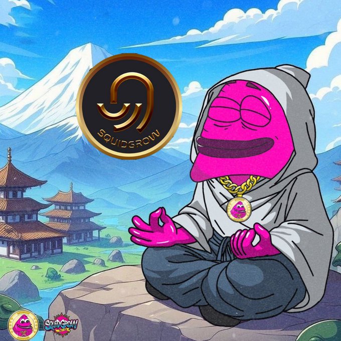 A cartoon illustration of a pink character meditating in a robe against a Japanese landscape, branded with the 'SquidGrow' crypto token logo.