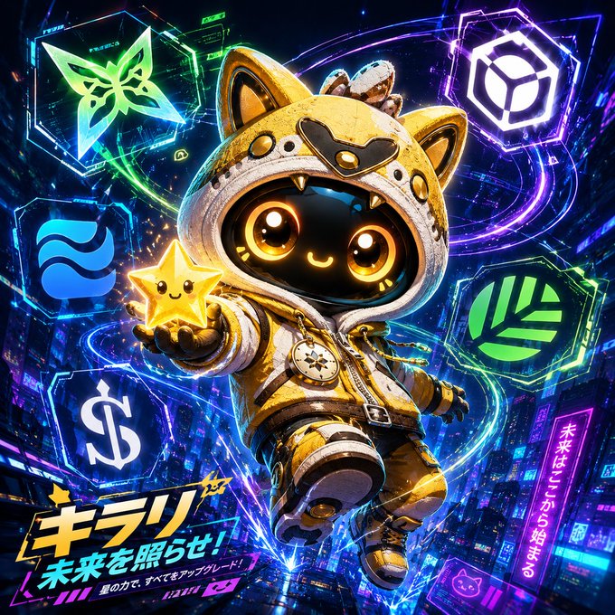 A vibrant cyberpunk-style digital illustration of a cute anime robot character in a hooded outfit holding a glowing star, surrounded by crypto logos and Japanese text reading 'キラリ 未来を照らせ!' (Sparkle! Light up the future!).