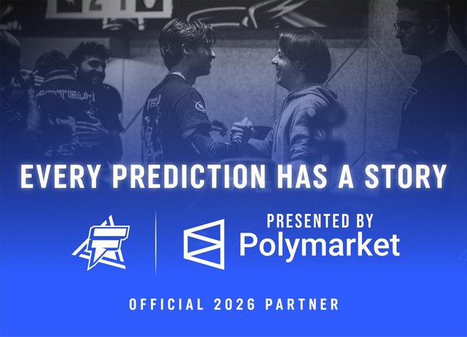 The image shows a blue-tinted promotional graphic featuring two people shaking hands, overlaid with the text "EVERY PREDICTION HAS A STORY," alongside logos for BLAST and Polymarket identifying Polymarket as the "OFFICIAL 2026 PARTNER." This visually supports the announcement of Polymarket becoming the presenting partner for BLAST's 2026 esports events, emphasizing the partnership's focus on storytelling through predictions in competitive gaming.