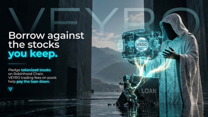 Promotional banner for VEYRO featuring the text 'Borrow against the stocks you keep' and 'Pledge tokenized stocks on Robinhood Chain. VEYRO trading fees on pools help pay the loan down,' depicting a hooded figure with a digital cube labeled USDG.