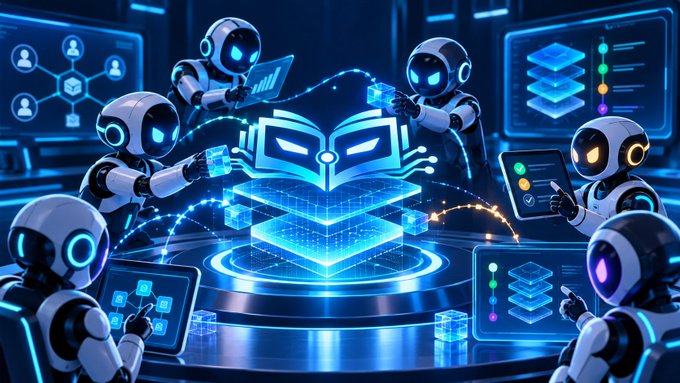 A digital illustration depicts multiple blue robots interacting with glowing holographic interfaces, including a central open book icon, screens with checkmarks and charts, and floating cubes.