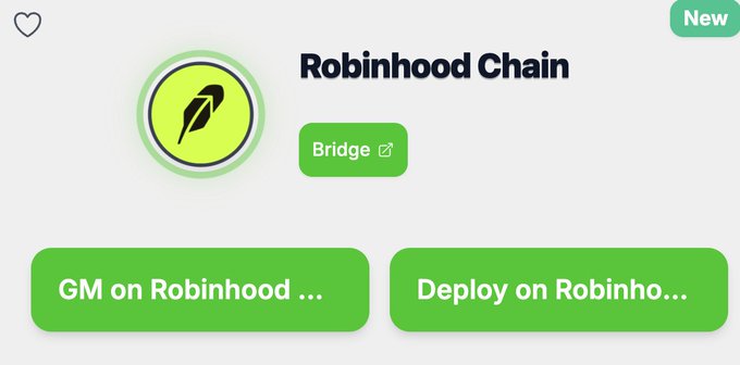 A digital interface card for 'Robinhood Chain' with a yellow feather quill logo and green buttons for 'GM on Robinhood' and 'Deploy on Robinhood'.