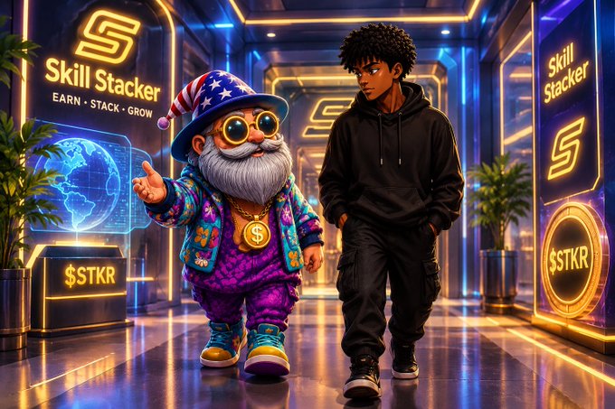 An anime-style illustration showing a character in a black hoodie standing next to a gnome mascot wearing a star-patterned hat and a '$' chain, with 'Skill Stacker' and '$STKR' branding visible in a neon-lit futuristic setting.