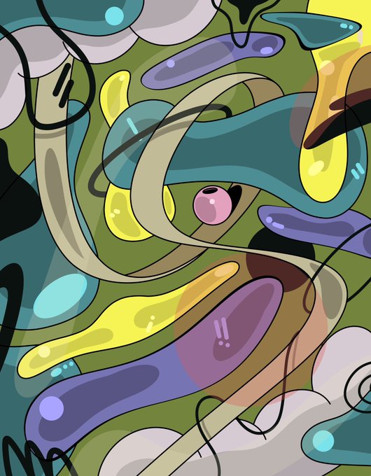 Abstract digital artwork featuring swirling organic shapes in green, yellow, purple, and gray with a small pink circle resembling an eye in the center.