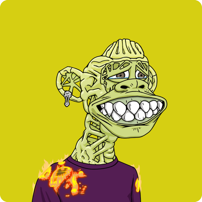 A cartoon illustration of a green-skinned humanoid character with exposed teeth and a fire design on a purple shirt, wearing a Bored Ape-style earring against a yellow background.