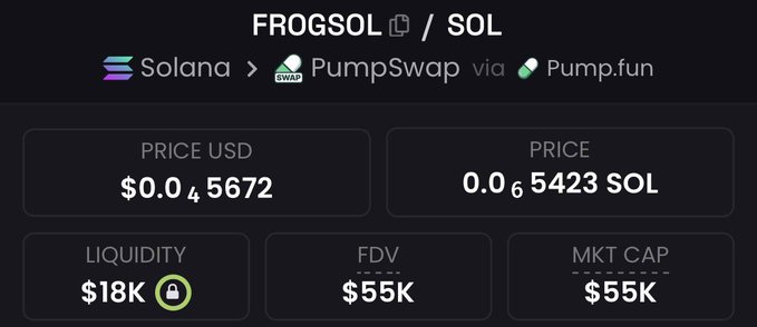 A dark-themed cryptocurrency price tracker displays FROGSOL on Solana via PumpSwap/Pump.fun, showing a price of $0.045672 USD (0.005423 SOL), $18K liquidity, and a $55K FDV/market cap. The image relates to the post by illustrating the low market cap of the featured Solana token ($55K), fitting the author's pattern of promoting small-cap "German" coins with significant return potential.