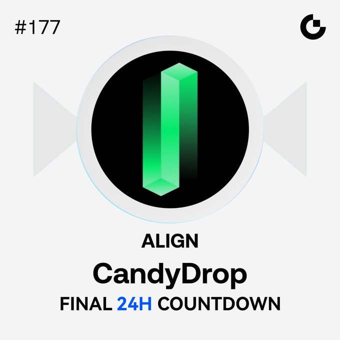 A promotional graphic for Gate.io's CandyDrop event #177 featuring $ALIGN, displaying a green vertical bar logo on a black circle, with text reading "ALIGN CandyDrop FINAL 24H COUNTDOWN," matching the post's announcement of the final 24 hours to participate in the 10 million $ALIGN airdrop.