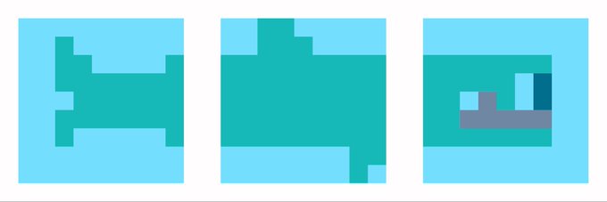 Three pixel-art style icons are displayed on a light blue background, depicting a green cactus, a green creature, and a green tank-like vehicle.