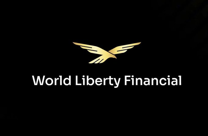 The image shows the World Liberty Financial logo, featuring a golden eagle in flight above the white text "World Liberty Financial" on a black background, representing the brand behind the USD1 token campaign mentioned in the post.