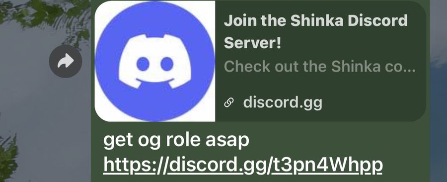 A Discord server invitation card for "Shinka" displays the invite link discord.gg/t3pn4Whpp, with accompanying text reading "get og role asap" and "Join the Shinka Discord Server! Check out the Shinka co..." The image directly supports the post's request, as the user is sharing their Discord invite link to gain "og role" support and asking for community engagement ("pump") to help grow their server.