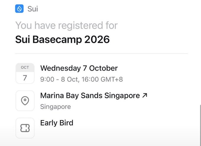 A confirmation screen showing registration for 'Sui Basecamp 2026' on Wednesday 7 October, 9:00 – 8 Oct, 16:00 GMT+8 at Marina Bay Sands Singapore, tagged as 'Early Bird'.