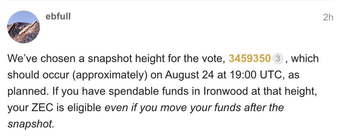 A screenshot of a social media post by 'ebfull' announcing snapshot height 3459350 for a vote on August 24 at 19:00 UTC, noting ZEC in Ironwood is eligible for voting.
