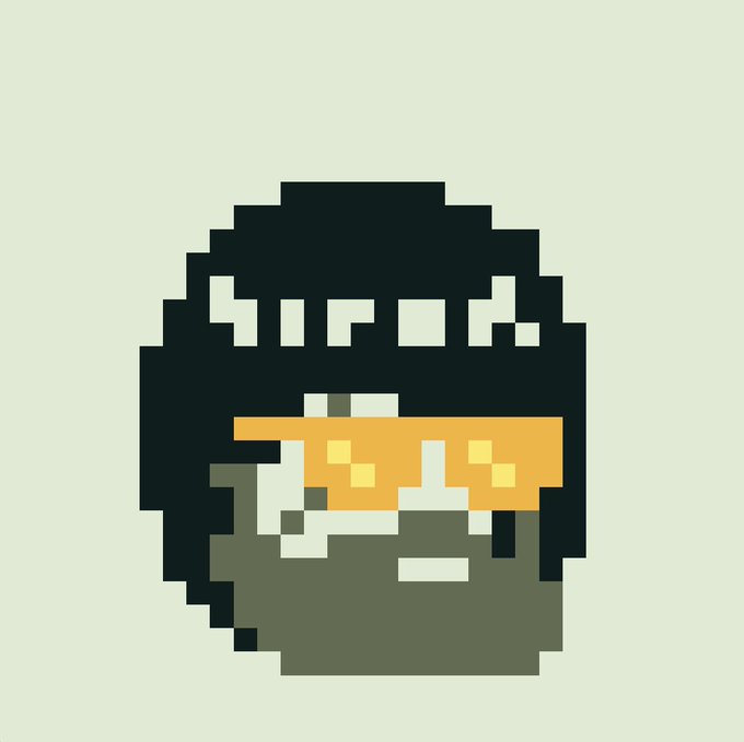 Pixel art style image of a figure with a black bandana covering the upper face, wearing orange/yellow pixelated sunglasses and a green lower face.