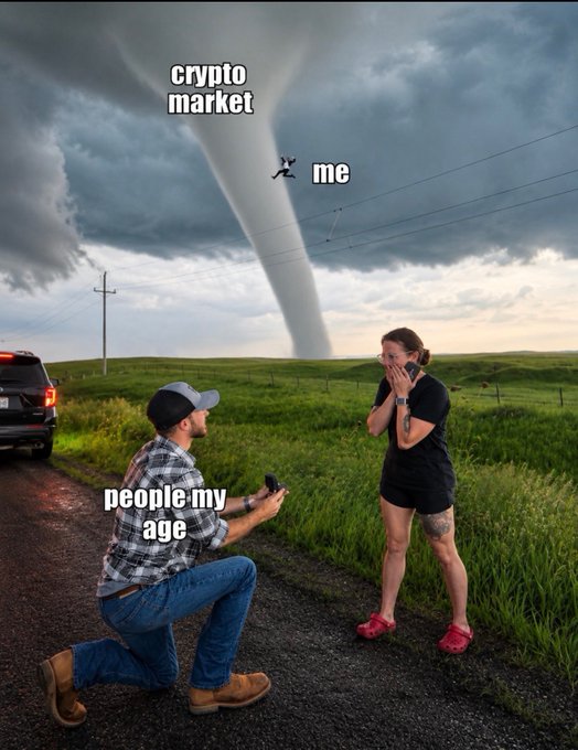 Meme depicting a tornado labeled "crypto market" lifting a person labeled "me" into the air, while "people my age" propose to a shocked woman below.