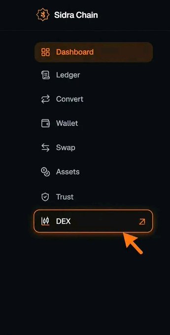 The image shows the Sidra Chain navigation menu with the "DEX" option highlighted at the bottom, indicated by an orange arrow. This visually supports the post's announcement that the DEX feature has reappeared in the interface after previously disappearing.