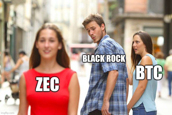 The 'Distracted Boyfriend' meme with text labels 'ZEC' on the woman in red, 'BLACK ROCK' on the man, and 'BTC' on the woman in blue.