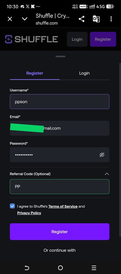 A mobile screenshot of the Shuffle website registration page showing a username 'ppson', a partially redacted email ending in 'mail.com', a password field, a referral code 'PP', and a checked Terms of Service agreement with the Register button at the bottom.