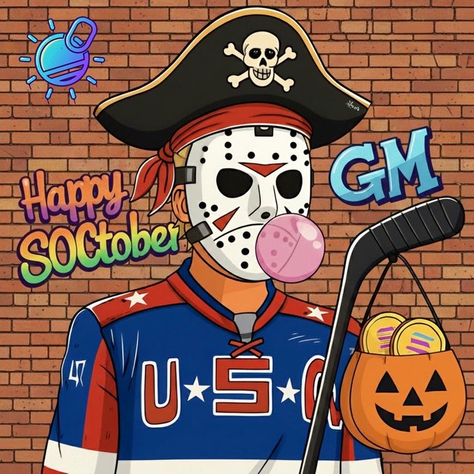A cartoon illustration depicts a hockey player in a Jason-style hockey mask blowing a bubble gum bubble, with a pirate hat reading 'Happy October', 'GM', and a pumpkin bucket of candy.