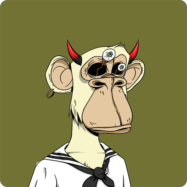 A cartoon illustration of a Bored Ape-style NFT featuring a cream-colored monkey with red horns, a third eye on its forehead, a hoop earring, and a black neckerchief.