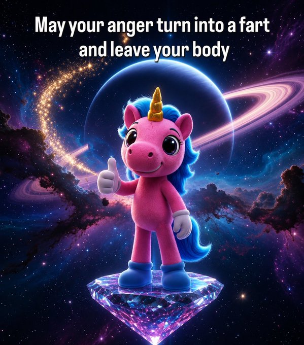 A pink unicorn character giving a thumbs-up while standing on a glowing diamond against a cosmic space background, with the text 'May your anger turn into a fart and leave your body.'