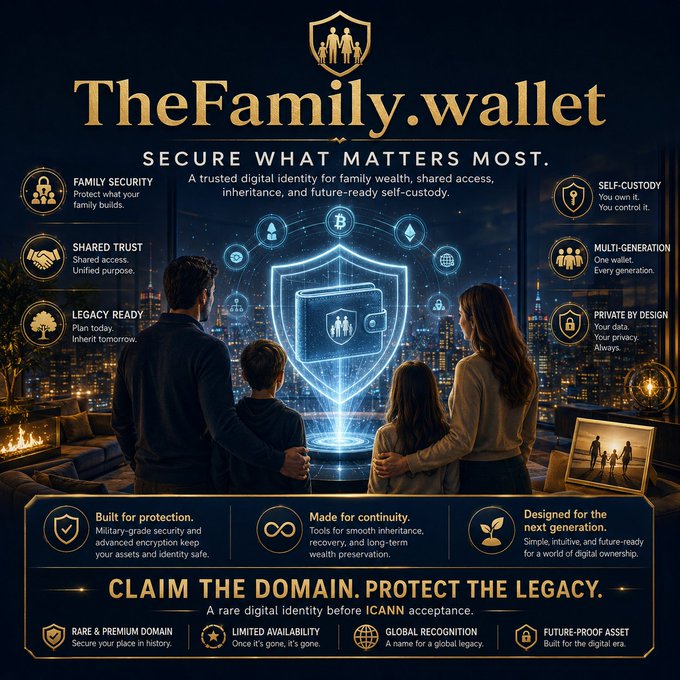 A promotional graphic for "TheFamily.wallet" featuring a family viewing a glowing holographic wallet/shield, highlighting features like "FAMILY SECURITY," "SHARED TRUST," "SELF-CUSTODY," and "MULTI-GENERATION" protection, with the tagline "CLAIM THE DOMAIN. PROTECT THE LEGACY" promoting the rare premium domain available at Unstoppable Domains before ICANN acceptance.