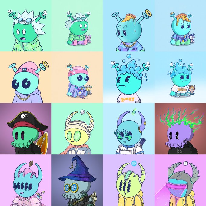 A grid of colorful cartoon character variations featuring green, blue, purple, and yellow alien-like creatures with different outfits and hairstyles.
