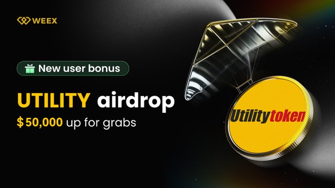 A promotional graphic for Weex announces a "New user bonus" and "$50,000 up for grabs" through a "UTILITY airdrop," featuring the WEEX logo, a large diamond, and a yellow Utility Token coin, aligning with the post's $UTILITY airdrop event running from August 14–21, 2026.