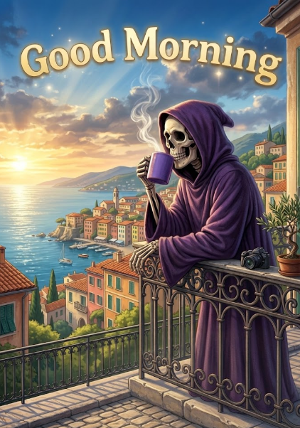 The image features a skeleton dressed in purple robes standing on a balcony overlooking a cityscape with buildings, trees, and water. The skeleton holds a cup of coffee or tea, suggesting that they are enjoying their morning beverage while taking in the view. The caption above the image reads "Good Morning" and "Rise & Grind", indicating that it is a motivational message encouraging people to make the most out of each day.
