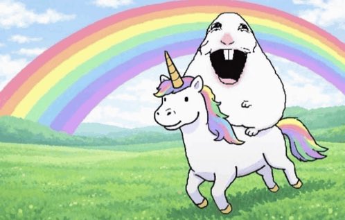 A joyful white unicorn prances across a green meadow with a delighted white creature riding on its back, set against a bright double rainbow. The image's carefree, magical scene visually echoes the post's whimsical "what if" fantasy, depicting an idealized paradise free from difficult choices and trade-offs.