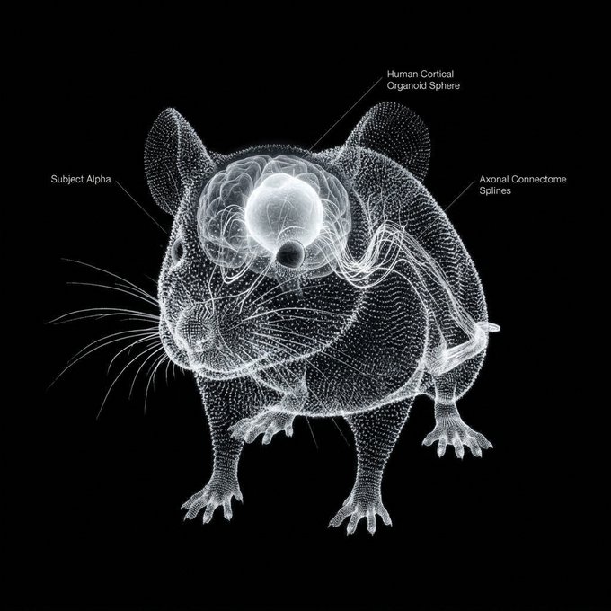 A wireframe/sci-fi illustration of a mouse labeled "Subject Alpha" features a glowing "Human Cortical Organoid Sphere" implanted in its brain with visible "Axonal Connectome Splines" radiating throughout its body. The image visually represents the concept of a mouse with a human brain organoid implant, serving as the biophysical model through which $MOUSE token transactions on the Robinhood Chain reportedly modulate neural activity.