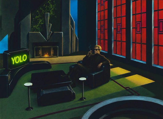 A man relaxes in a sleek, art deco-style room beside a television displaying the text "YOLO," tying directly to the post's playful "banana zone" hype around the $YOLO ticker. The moody, cinematic lighting and the figure's confident, lounging pose visually echo the post's tongue-in-cheek anticipation of the $YOLO stock entering a wild, high-energy phase.