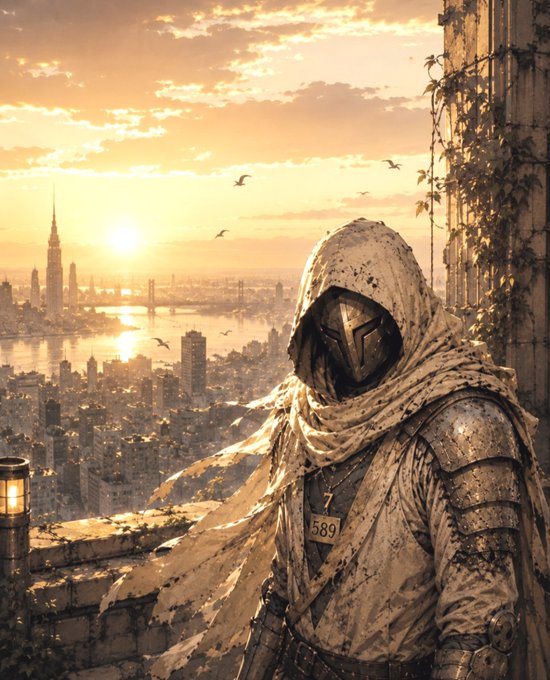 A hooded, masked figure in tattered white robes and armor stands on a rooftop overlooking a sunlit city skyline at sunset.