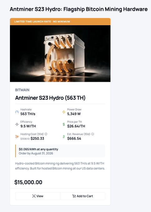 Product page for the Antminer S23 Hydro (563 TH/s), priced at $15,000, showing a 30-day estimated revenue of $666.54 against a $250.33 hosting cost—matching the post's claim of a hosted Bitcoin miner in Iowa that has earned roughly $667 in its first month without any manual trading.