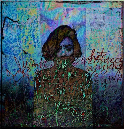 A ghostly figure with dark hair emerges from a vibrant turquoise and purple background, overlaid with flowing handwritten script in red and green. The artwork, posted on 8/13 at 13:04 by user "ekoka" with the caption "dai," evokes an ethereal, dreamlike quality with its haunting portrait and layered textual elements.