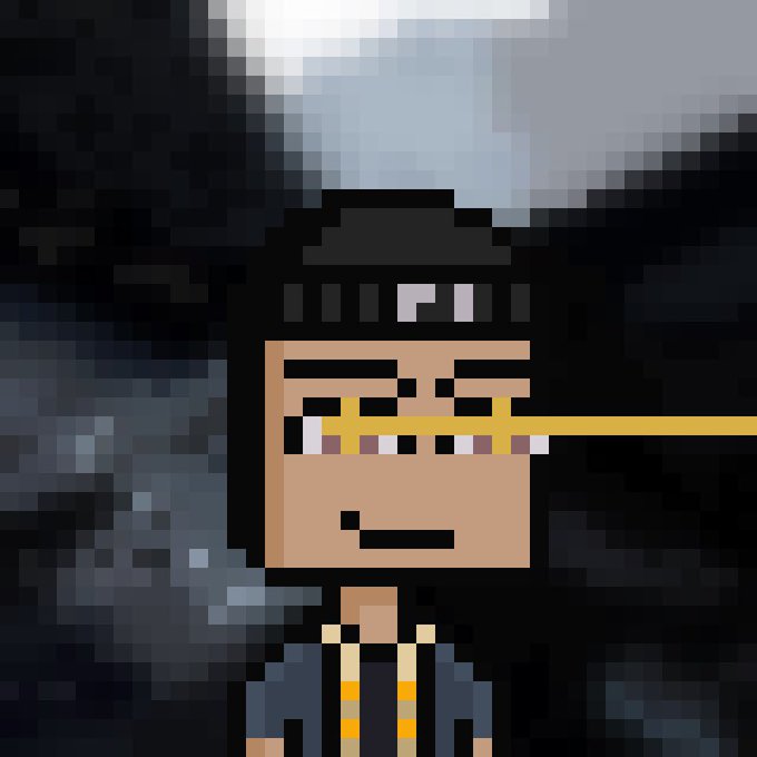 A pixel art character wearing a black beanie, sunglasses, and a gold chain winks playfully against a dark background. The "gm" (good morning) crypto greeting combined with the character's "diamond hands" aesthetic relates to the NFT community's signature slang for staying loyal to their digital assets.