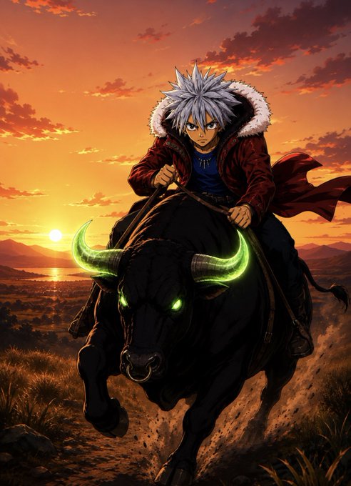 An anime-style illustration of a spiky white-haired character in a red fur-trimmed coat riding a charging black bull with glowing green horns against a sunset landscape.