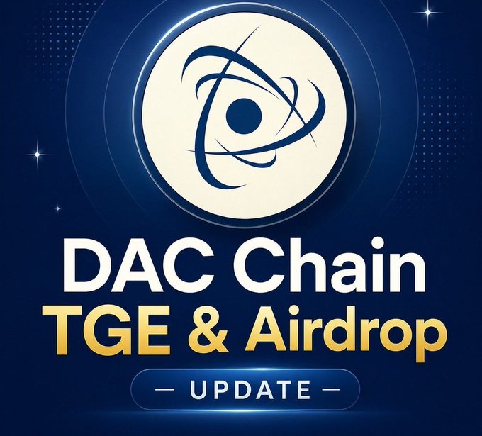 The image features a blue background with white text that reads "TGE DAC Chain is here to bridge real world assets with on chain governance powered by DAC validation powered by community voting". The text is arranged in a way that makes it easy for viewers to understand what the image is about, and it appears to be part of an advertisement or promotional material.